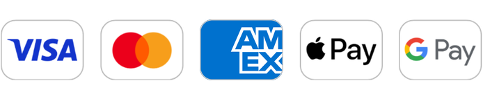 Accepted payment methods: Visa, Mastercard, American Express, Apple Pay, Google Pay